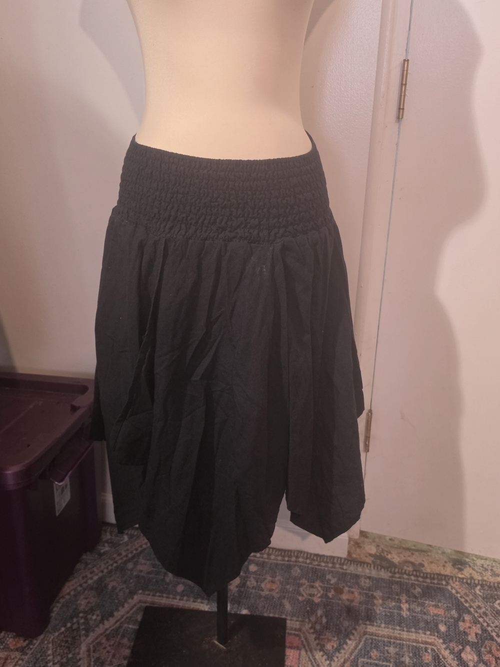 Smocked-Waist Black Asymmetrical Skirt